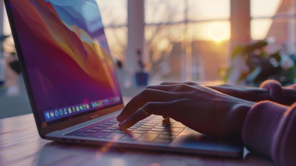 Fotografía detallada de unas manos configurando acentos en el teclado de un MacBook Pro con luz natural.