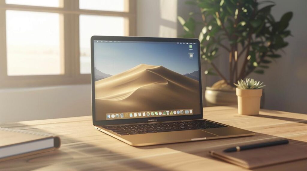Fotografía hiperrealista de un MacBook reacondicionado en un entorno moderno con accesorios de oficina elegantes.