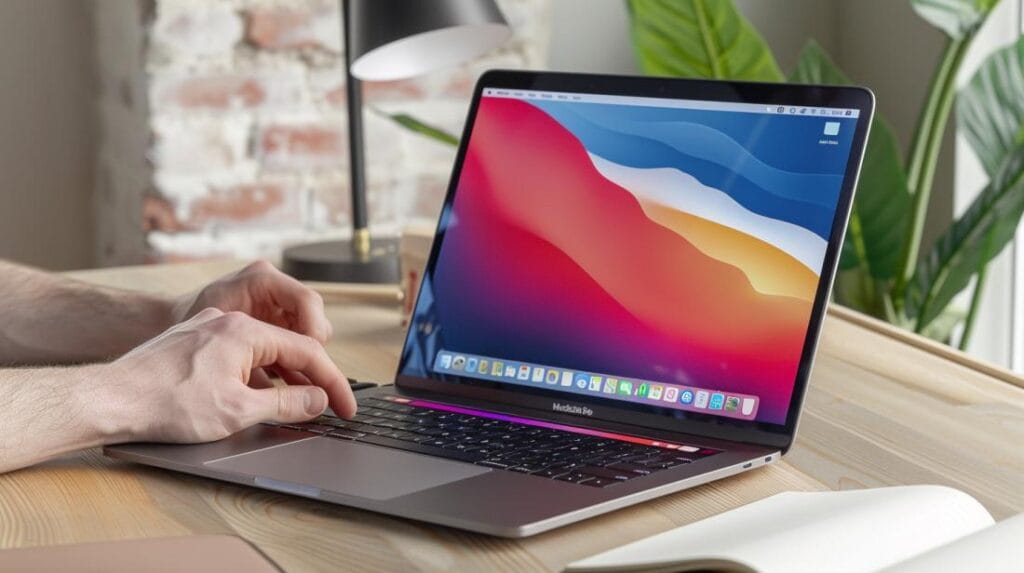 Fotografía hiperrealista de un MacBook Pro en una oficina moderna y acogedora.