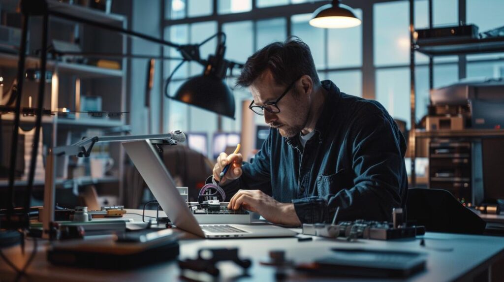 Técnico inspeccionando minuciosamente la batería de un MacBook Pro 13 en un entorno bien iluminado.
