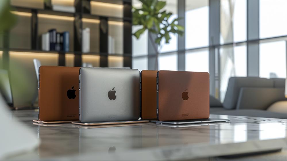 Fotografia hiperrealista de fundas premium para MacBook sobre una mesa minimalista en una oficina moderna.