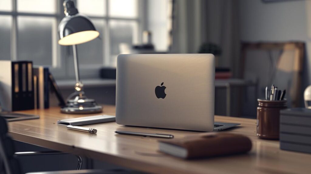 Fotografía hiperrealista de un espacio de trabajo moderno con MacBook Air 13, funda elegante y accesorios minimalistas.