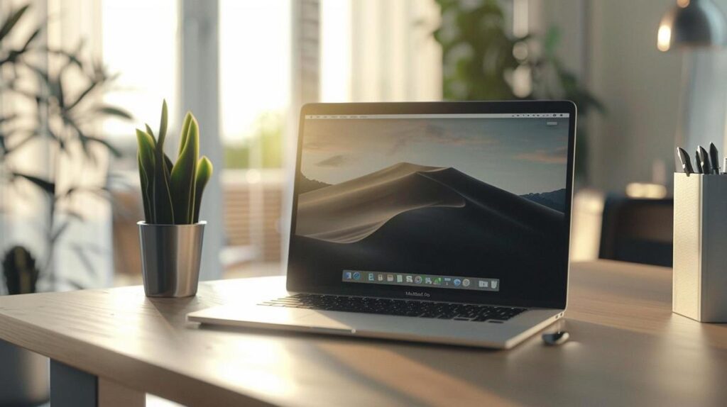 Fotografía hiperrealista de un MacBook Pro moderno en un espacio de trabajo minimalista de start-up.