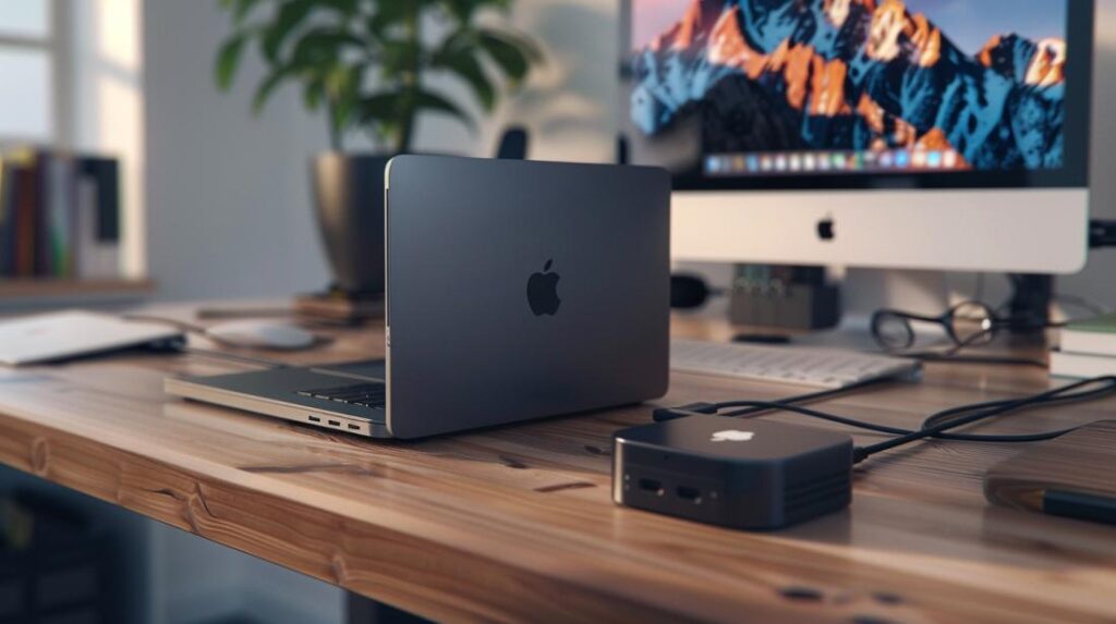 Espacio de trabajo moderno con un Mac Mini y un MacBook Pro conectados sobre una elegante mesa de madera.