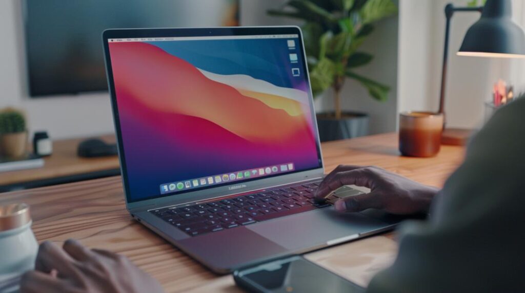 Foto hiperrealista de una mesa de trabajo moderna con un MacBook Pro y unas manos copiando texto.