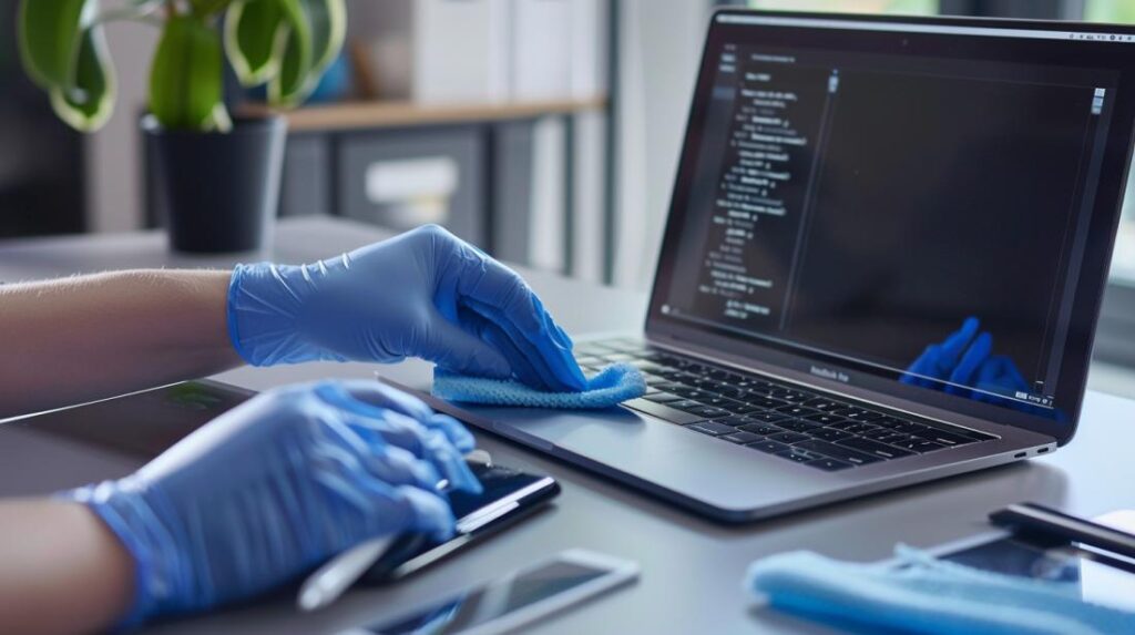 Fotografía hiperrealista de la limpieza cuidadosa de un MacBook en un espacio de trabajo minimalista.