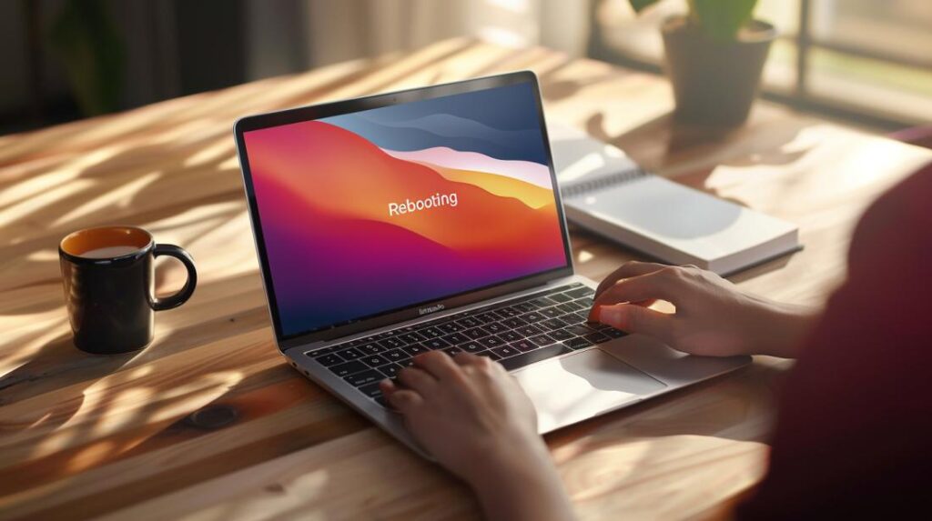 Fotografía realista de un MacBook Air reiniciándose sobre una mesa moderna con luz natural.