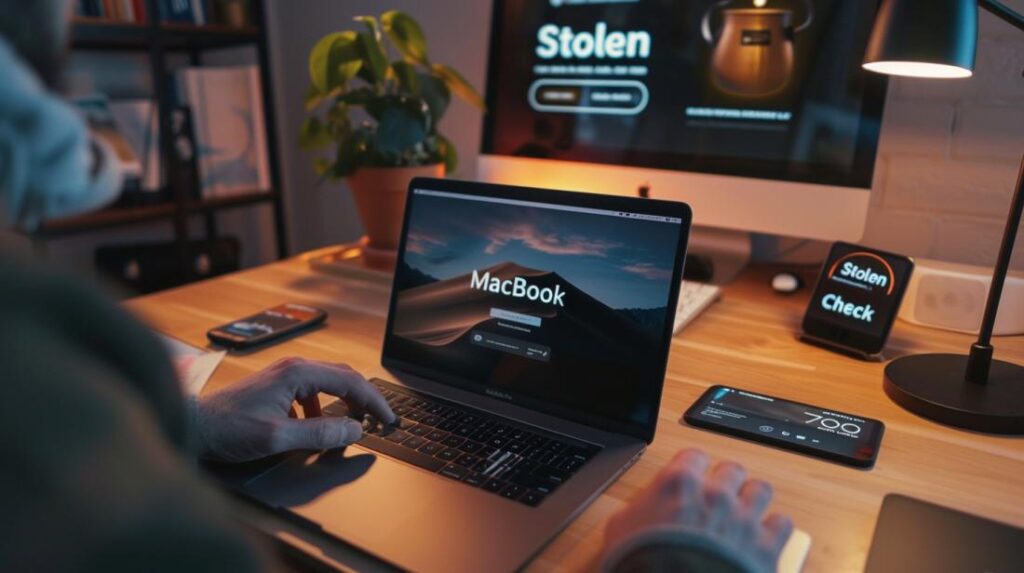 Persona inspeccionando el número de serie de un MacBook Pro en una oficina moderna.