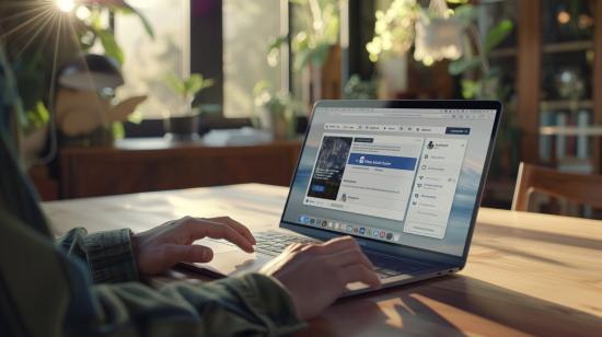 Fotografía hiperrealista de la instalación de la app de Facebook en MacBook Pro 2021, en un entorno minimalista.