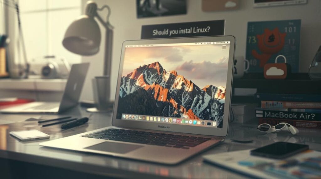 MacBook Air mostrando un escritorio Linux personalizado, rodeado de manuales de Linux, un iPhone y unos AirPods.