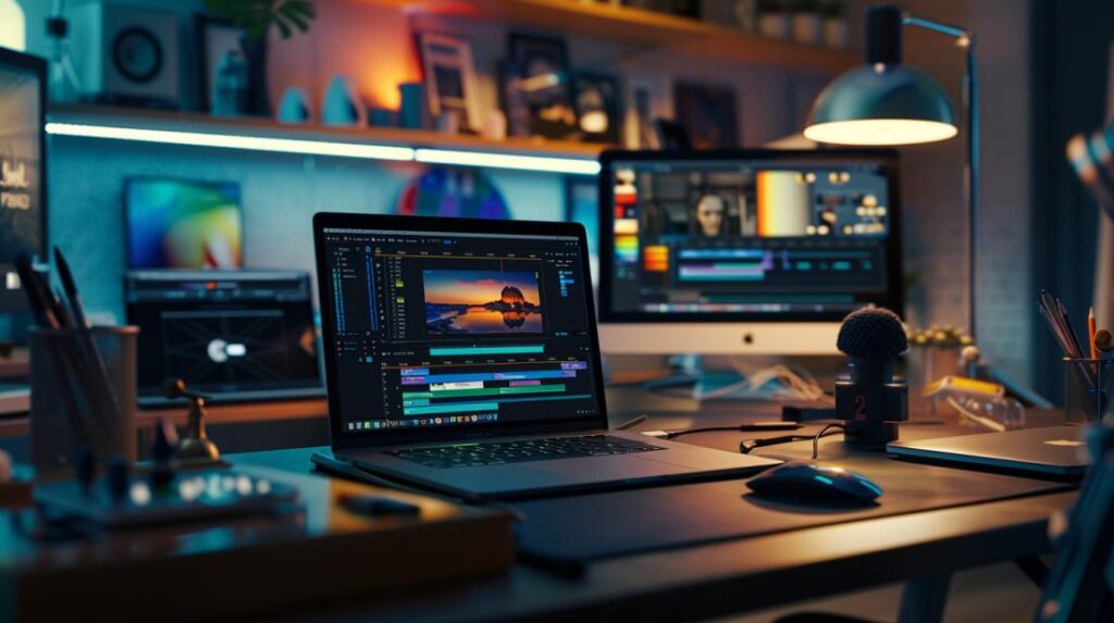 Fotografía hiperrealista del MacBook Pro M1 en un estudio moderno con herramientas de edición avanzadas.