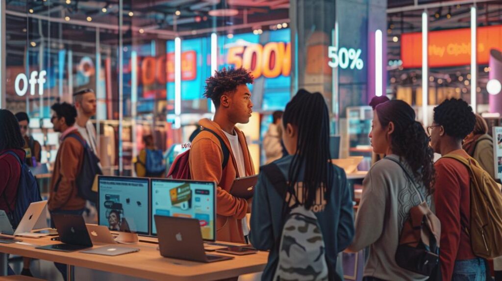 Fotografía hiperrealista de una tienda de tecnología vibrante con una promoción de MacBook con un 50 % de descuento.