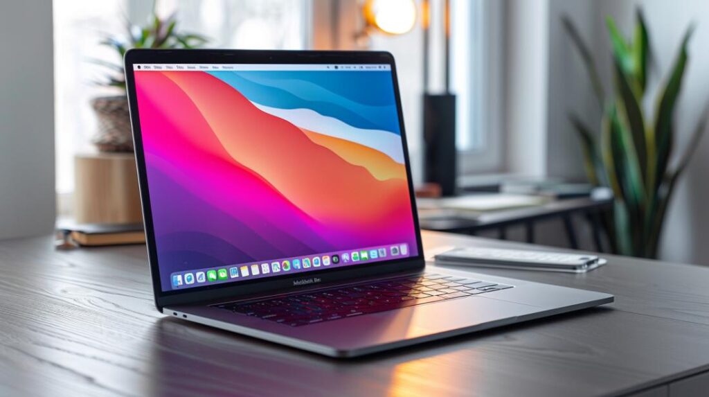Fotografía hiperrealista de un MacBook sobre una mesa minimalista, capturando la pantalla completa con un atajo de teclado.