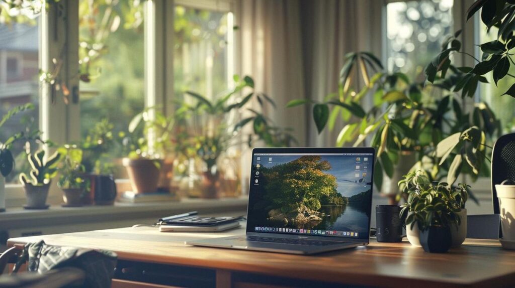 Fotografía hiperrealista de un usuario concentrado con un MacBook en una oficina en casa minimalista y moderna.