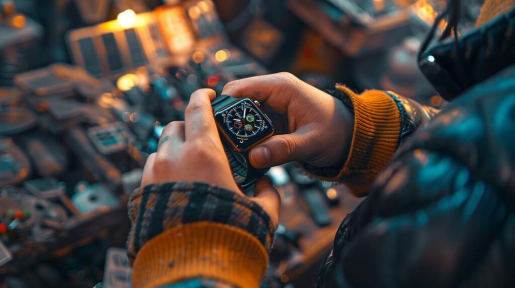 Una persona examina atentamente un Apple Watch usado en un mercadillo moderno.
