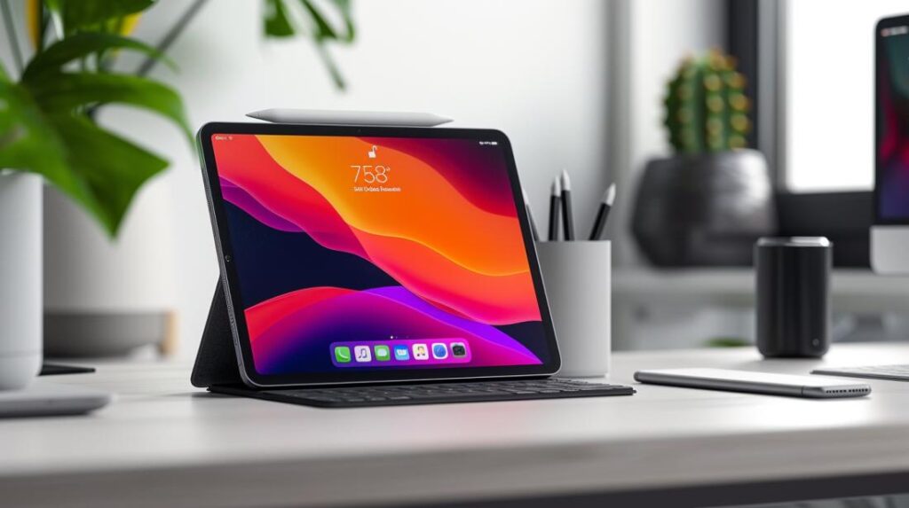 Fotografía hiperrealista del iPad A1822 sobre una mesa minimalista con accesorios de Apple.